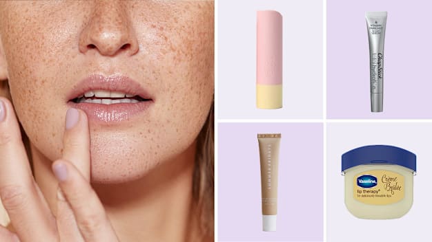Woman applying lip balm, plus images of Vaseline, Summer Fridays, Chapstick, and Eos lip balms.